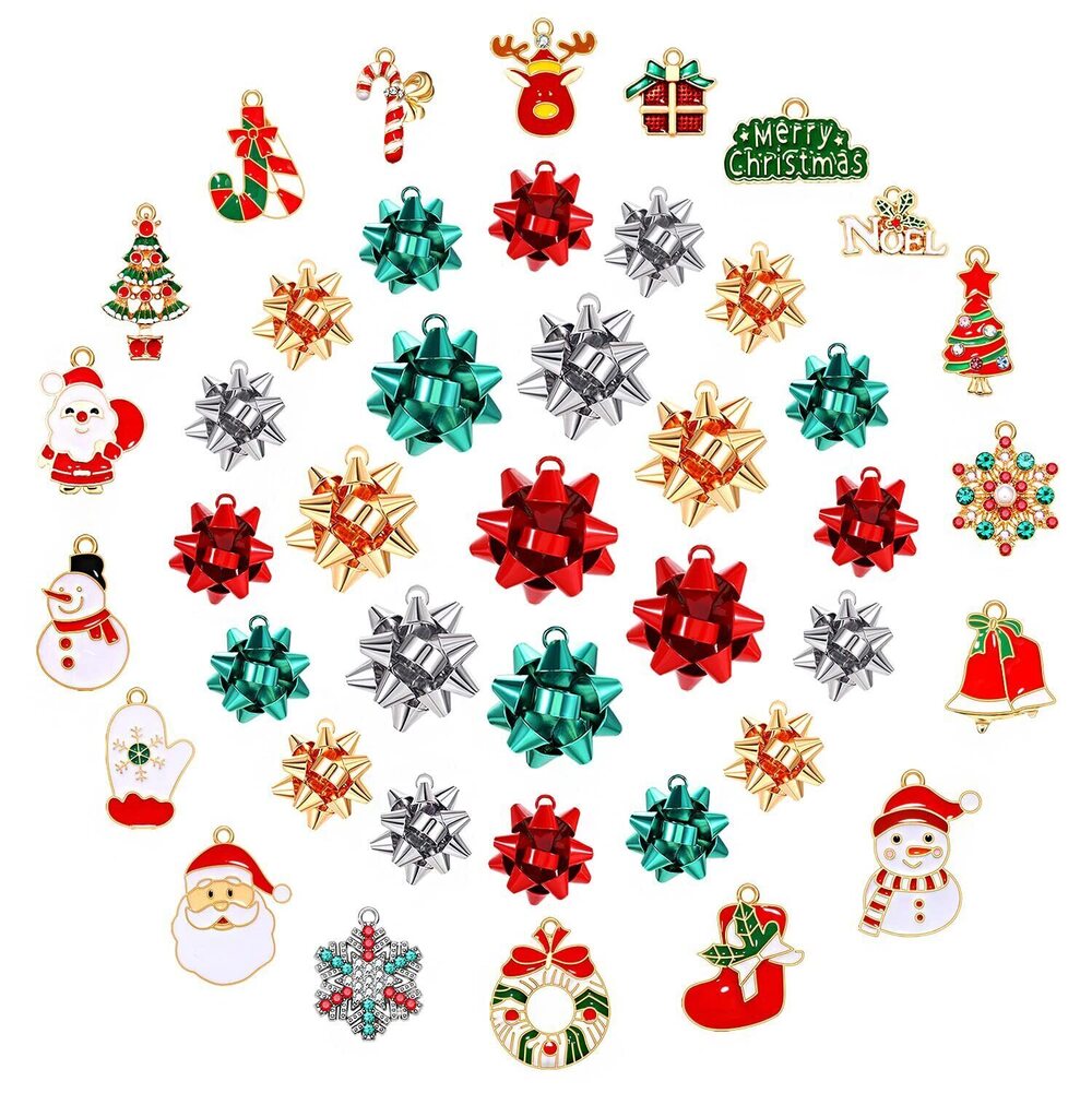 5324 42/45PCS Christmas Charms for Jewelry Making, Metallic Xmas Bow Charms